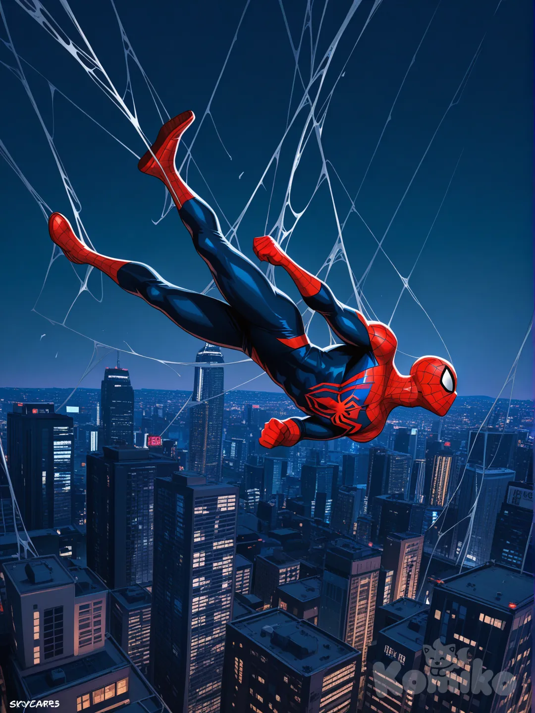 Tom holland's spider man in his original suit swinging in new york city