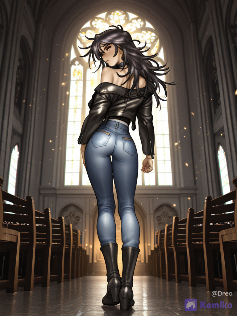 [glossy-pin-up-style], head tilt, leather jacket, over-the-shoulder shot, glowing particles, church, messy hair, knee-high boots, charcoal black, jeans