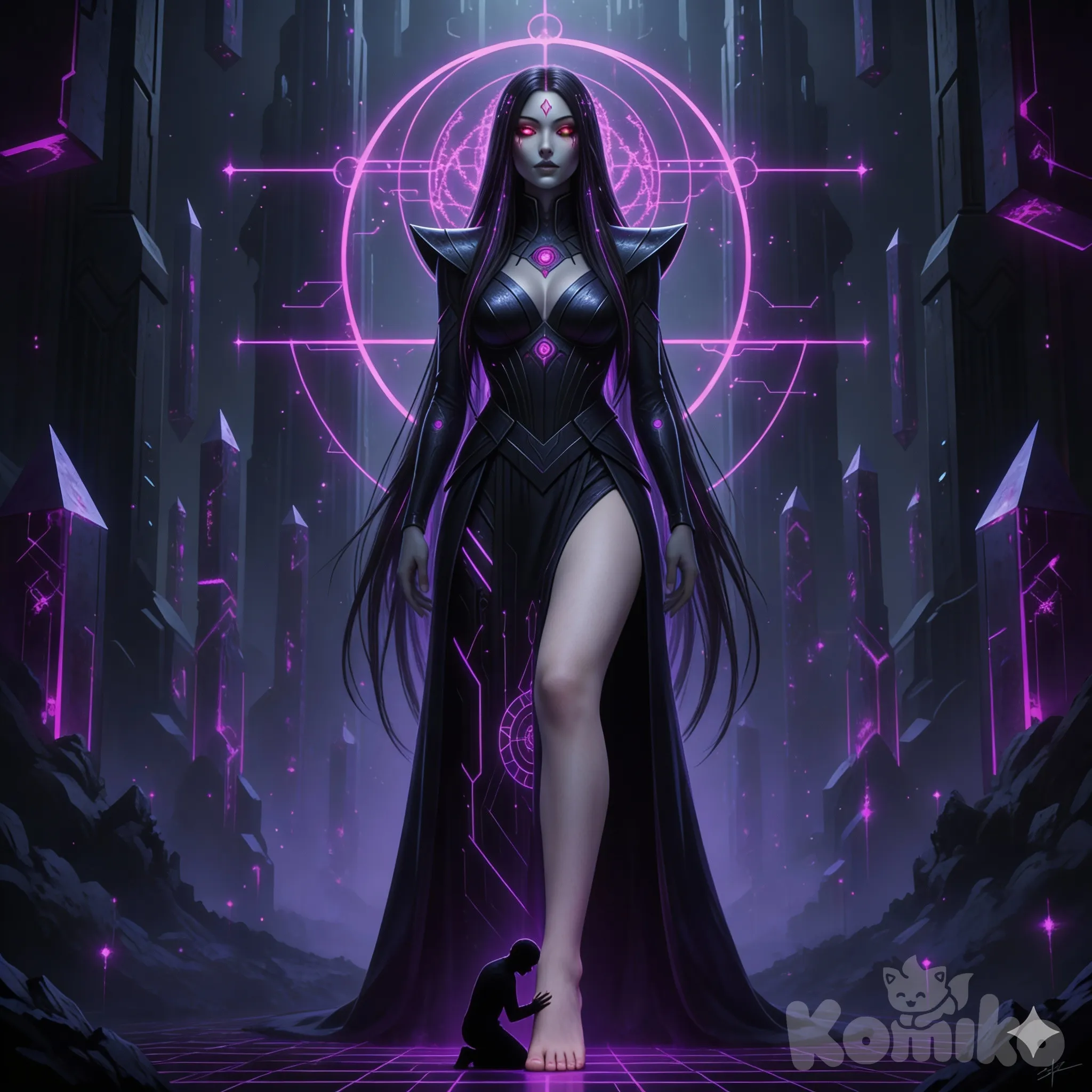 Copy this exact image with extreme accuracy, however display the female figure with a leg exposed from dress and having foot worshipped by the tiny male silhouette. Perfect foot. Perfect anatomy, perfect art, perfect accuracy to reference image aside from prompted changes. No flaws.