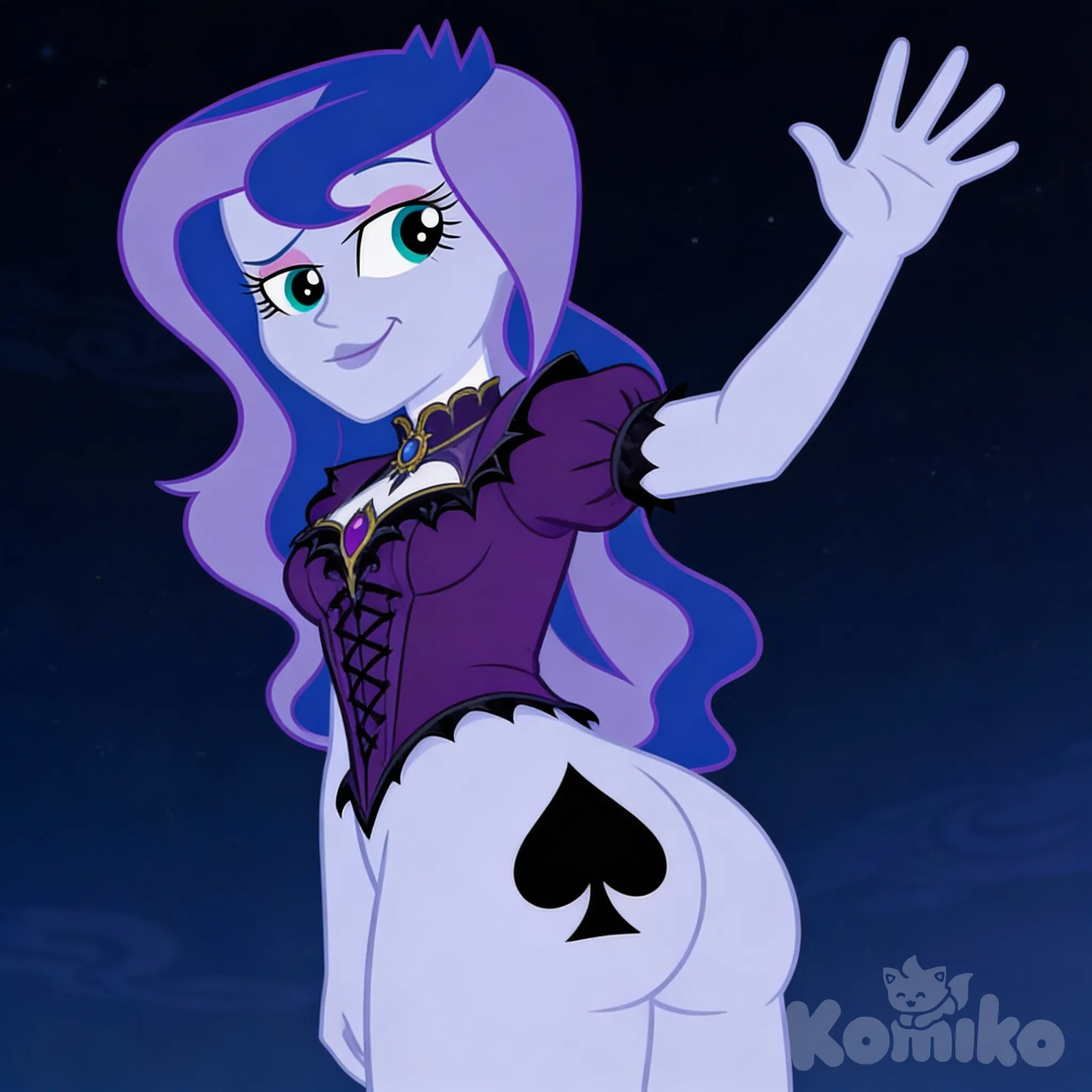 Redraw same character same pose and expression, equestria girls accurate character design eqg, no pony ears, bubble butt, thick line work, showing large black spade symbol tattoo on side of her naked asscheek, glossy porn cartoon art, replace background with simple dark night sky pattern, have her wearing a regal looking gothic purple top but no pants or any underwear , perfect anatomy, don't alter existing colors of character