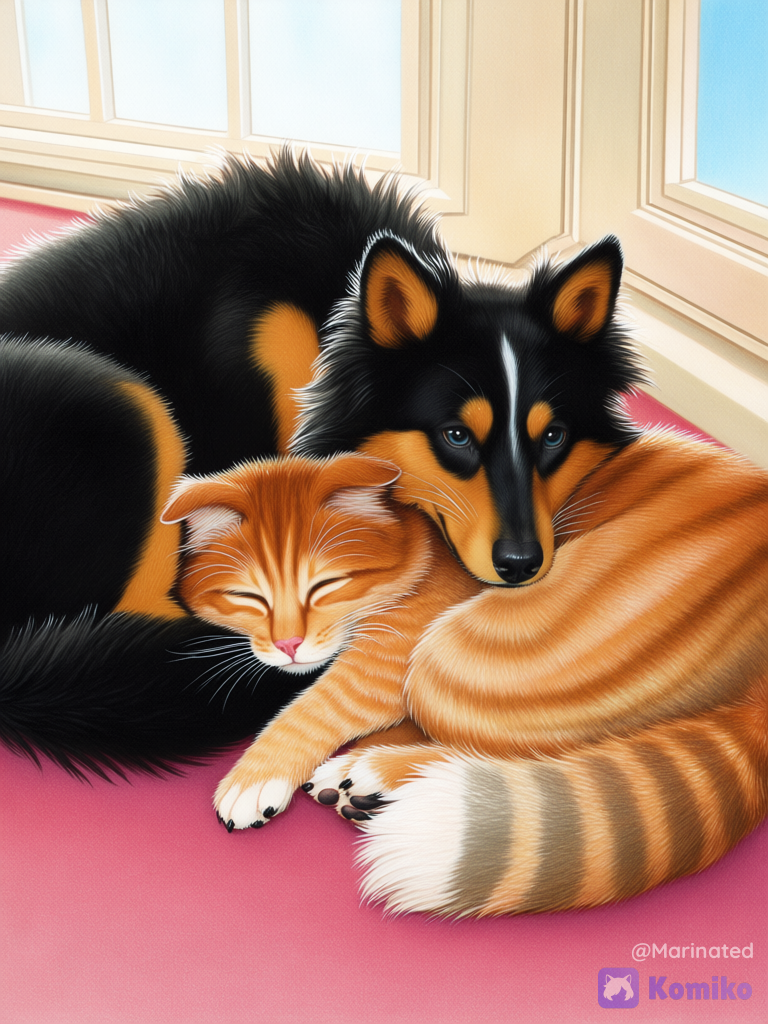 @ada-3hWe, @rosie-OBiw, curled up, snuggling, ada cat, rosie dog, sunny room, pet bed, large window, sunlight, blue sky, colored pencil style (medium), crayon style (medium), ada with a faint greeny yellow fur with gray stripes