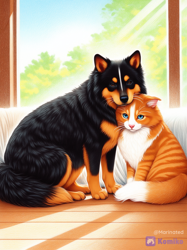 @ada-3hWe, @rosie-OBiw, curled up, snuggling, ada is a cat, rosie is a dog, sunny room, pet bed, large window, sunlight, blue sky, colored pencil style (medium), crayon style (medium), ada with a greeny yellow faded fur with gray stripes