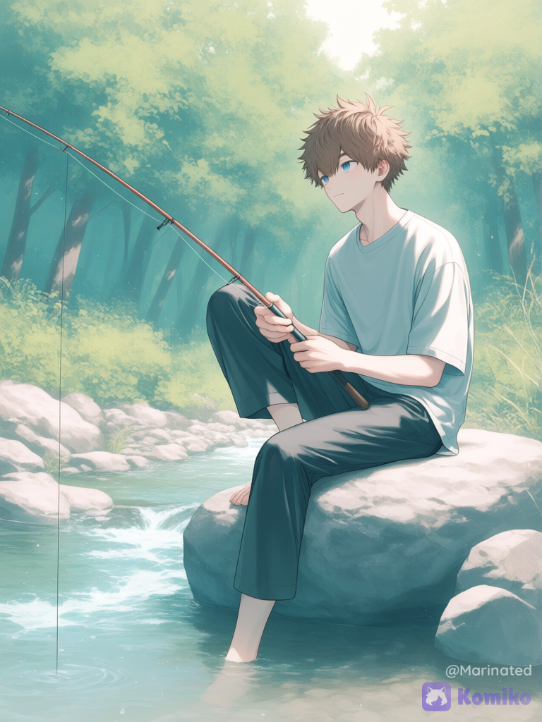 [soft-pastel-style], @cole-v2-h2Zr, sitting on a large natural boulder, river, trees, sunlight, holding fishing rod, fishing, feet on boulder, feet not in water, middle parted hair, parted fringe, no bangs
