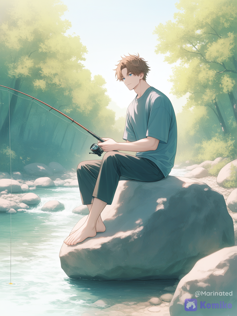 [soft-pastel-style], @cole-v2-h2Zr, sitting on a large natural boulder, river, trees, sunlight, holding fishing rod, fishing, feet on boulder, feet not in water, middle parted hair, parted fringe, no bangs