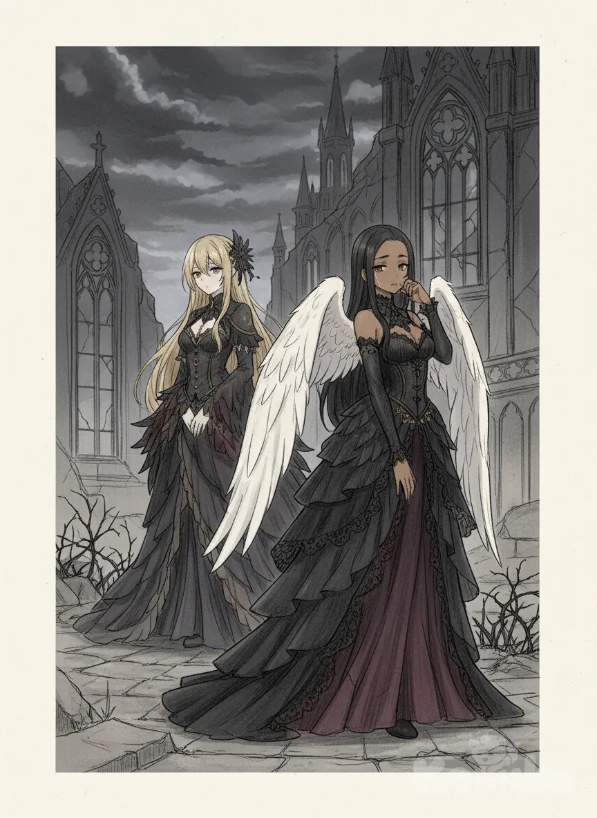 gothic, sketch, soft shadow, looking back, wiping tears, <amber-luna-fdF9>, Formidable (Azur Lane), 2people