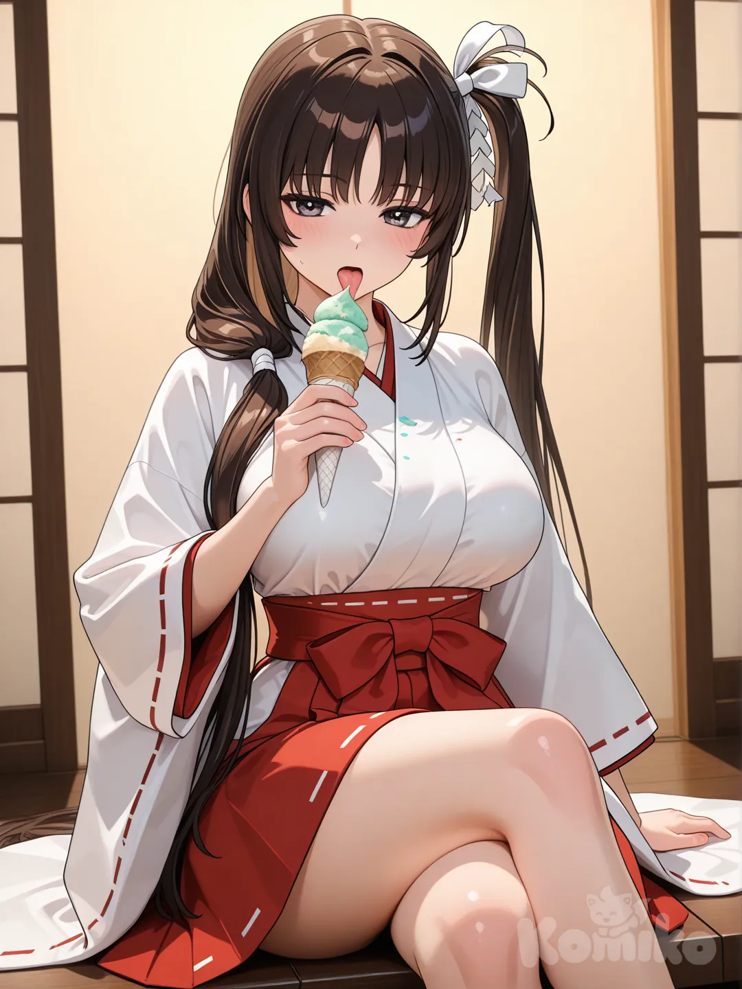 sophitia alexandra hair tied on both sides very long very very long long brown straight silky black to the ground brown tube light Hentai,3D very silky hair very long very long brown Kimono bride costume of the female shaman Kikyo breasts big Sit down to eat a eat ice cream