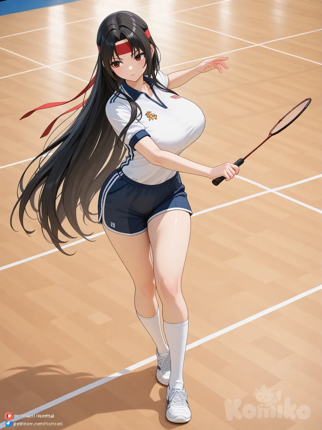 Rapunzel shiranui, mai long, black, pointed, straight hair that reaches the ground, smooth black hair, Hentai, 3D, very smooth, very long, very long black hair, headband, knee-high socks, big breasts, play badminton