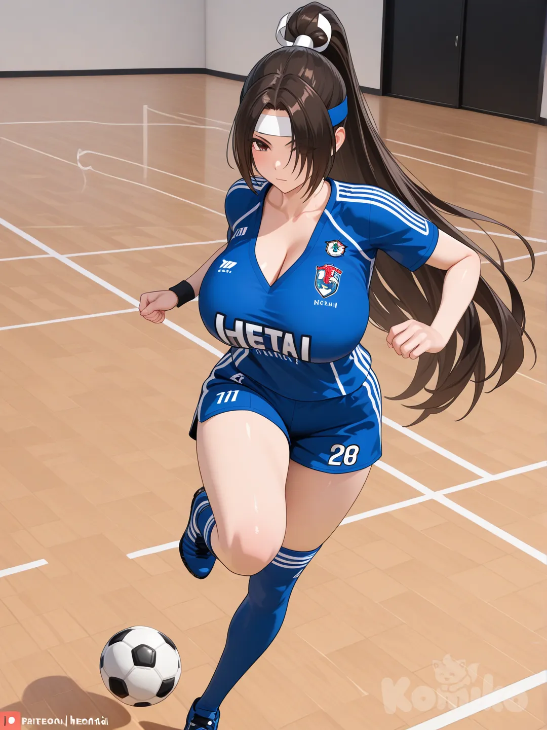 shiranui, mai long, black, pointed, straight hair that reaches the ground, smooth black hair, Hentai, 3D, very smooth, very long, very long black hair, headband, knee-high socks, big breasts, play football