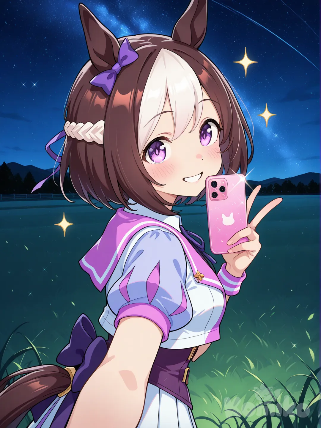 @Special_Week_(Umamusume), v sign, selfie, side profile photo, sparkle, night, field
