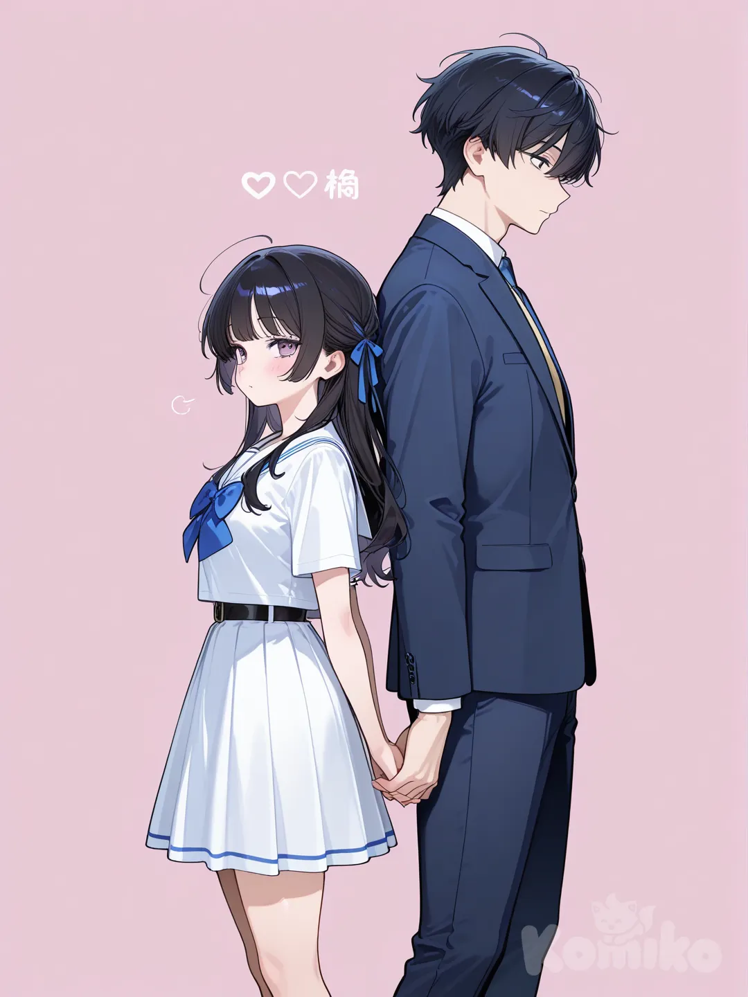 Boy and girl, holding hands, back to back