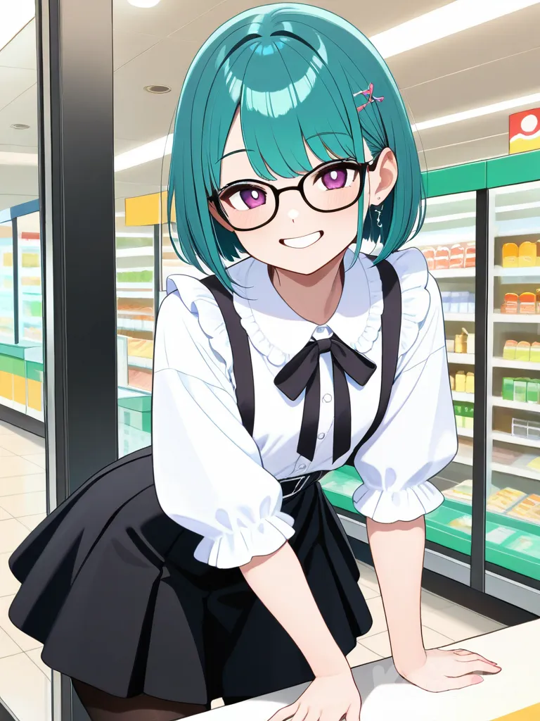 anime, anime style, japanese convenience store, vibrant colors, energetic, humorous, teal hair, short hair, glasses, jirai kei, black and white outfit, small breasts, slender, t-back, black panties, black pantyhose, cheeky smile, happy, confident, lively atmosphere, fun setting, playful demeanor, background