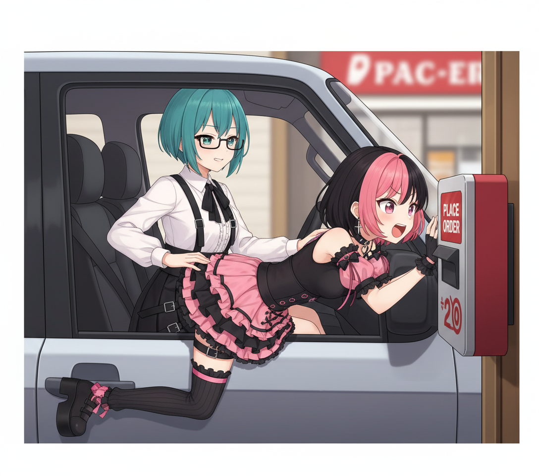 wawa spanking Ari on the butt

Ari wearing a black and pink jirai-kei outfit with frills and accessories, with shorts under her skirt for modesty. She is leaning over Wawa’s lap, stretching her upper body out the driver’s side window, enthusiastically talking to the speaker box to place an order. She looks very determined and silly.

Wawa short teal hair, glasses, and a white-and-black jirai-kei style outfit (white blouse with black ribbon tie, black high-waist skirt with buckles and suspenders).