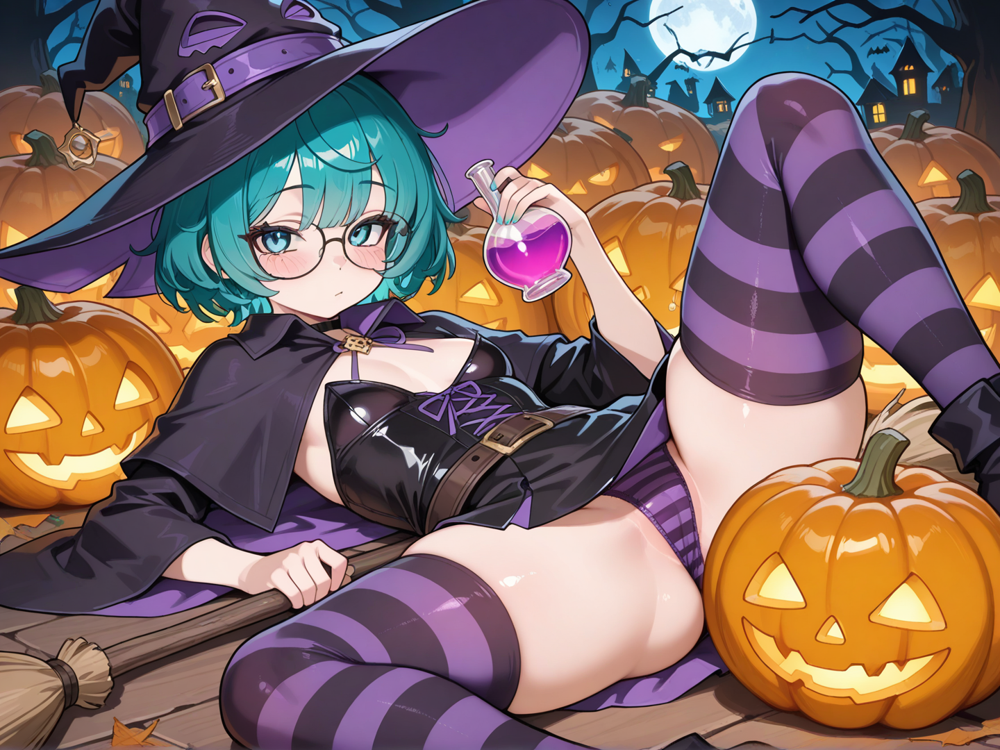 teal hair , short hair, teal eyes, glasses, medium chest, witch outfit, panty shot, haloween , witch's hat, striped thigh highs, black and purple stiped panties, holding jack-o-lantern, panty peek, 1girl. laying down, drinking potion