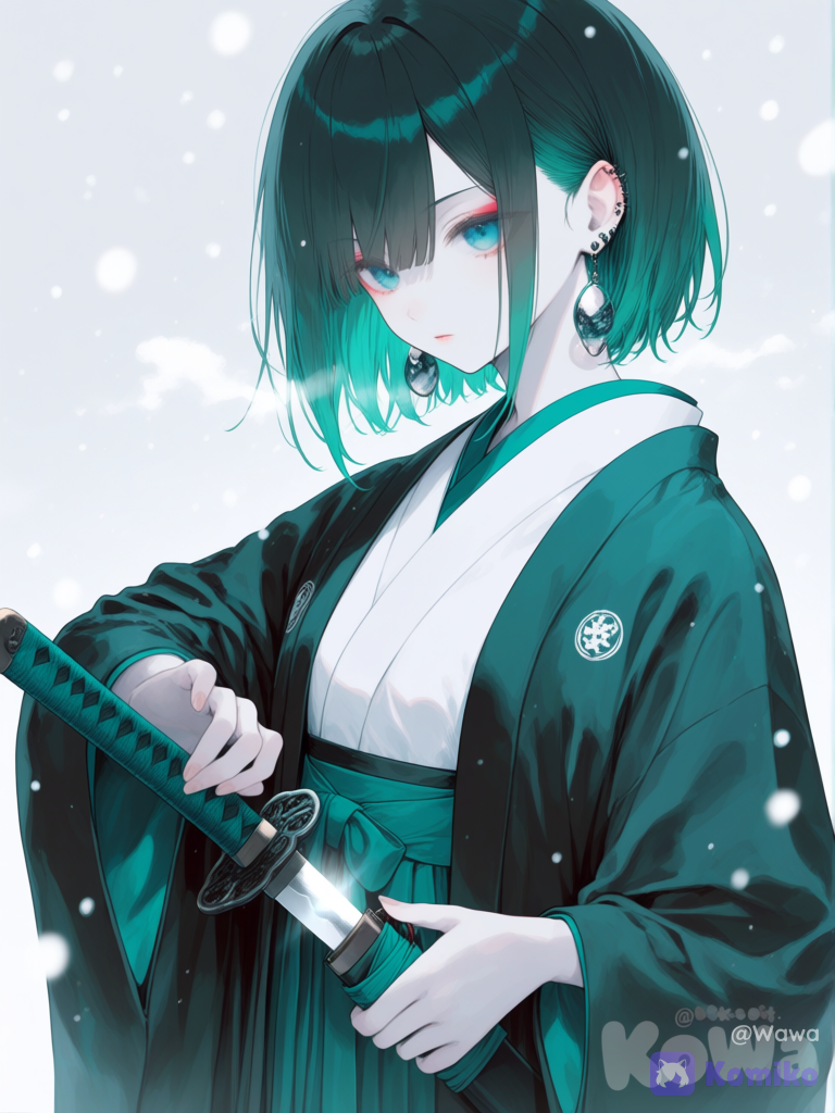 [sweet-pastel-style], @wawa-rTEN in teal and white kimono snowing, unsheating a katana with teal hilt, no glasses