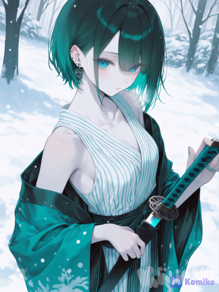[sweet-pastel-style], @wawa-rTEN in teal and white yukata sexy snowing, unsheating a katana with teal hilt, no glasses, snow feild snow backgourn