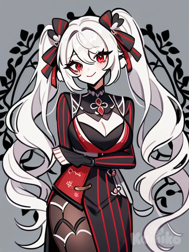 1girl, long flowing white hair, twintails, bright red eyes, busty figure, playful posture, intricate design, unique outfit, mischievous smile, cute, kawaii, baddie, vocaloid, vtuber, genshin impact, Hoyoverse, e-girl, villain, adorable, stripes, stylish, elegant, Yandere, single character, full body, looking at viewer, anime style, simple background, white background