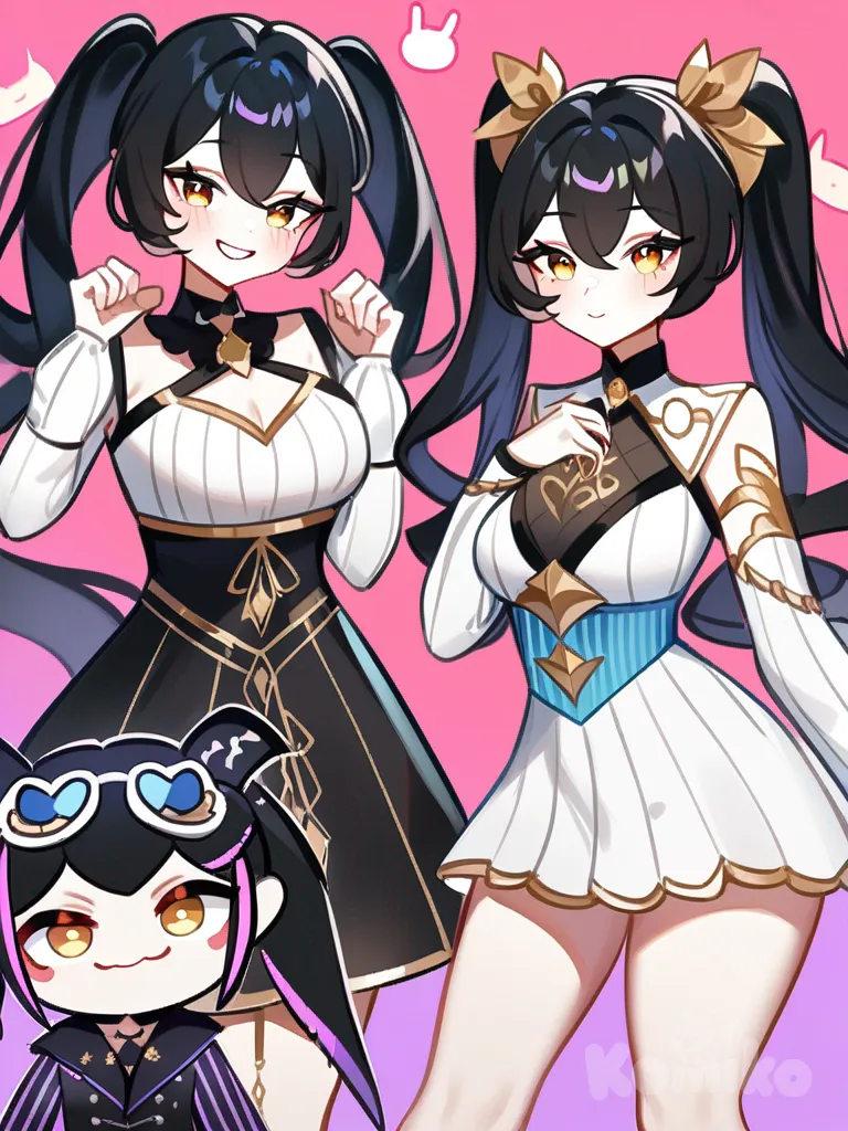 1girl, long flowing black hair, twintails, bright gold eyes, busty figure, playful posture, intricate design, unique outfit, mischievous smile, cute, kawaii, baddie, vocaloid, vtuber, genshin impact, Hoyoverse, e-girl, villain, adorable, stripes, stylish, elegant, Yandere, single character, full body, looking at viewer, anime style, simple background, white background