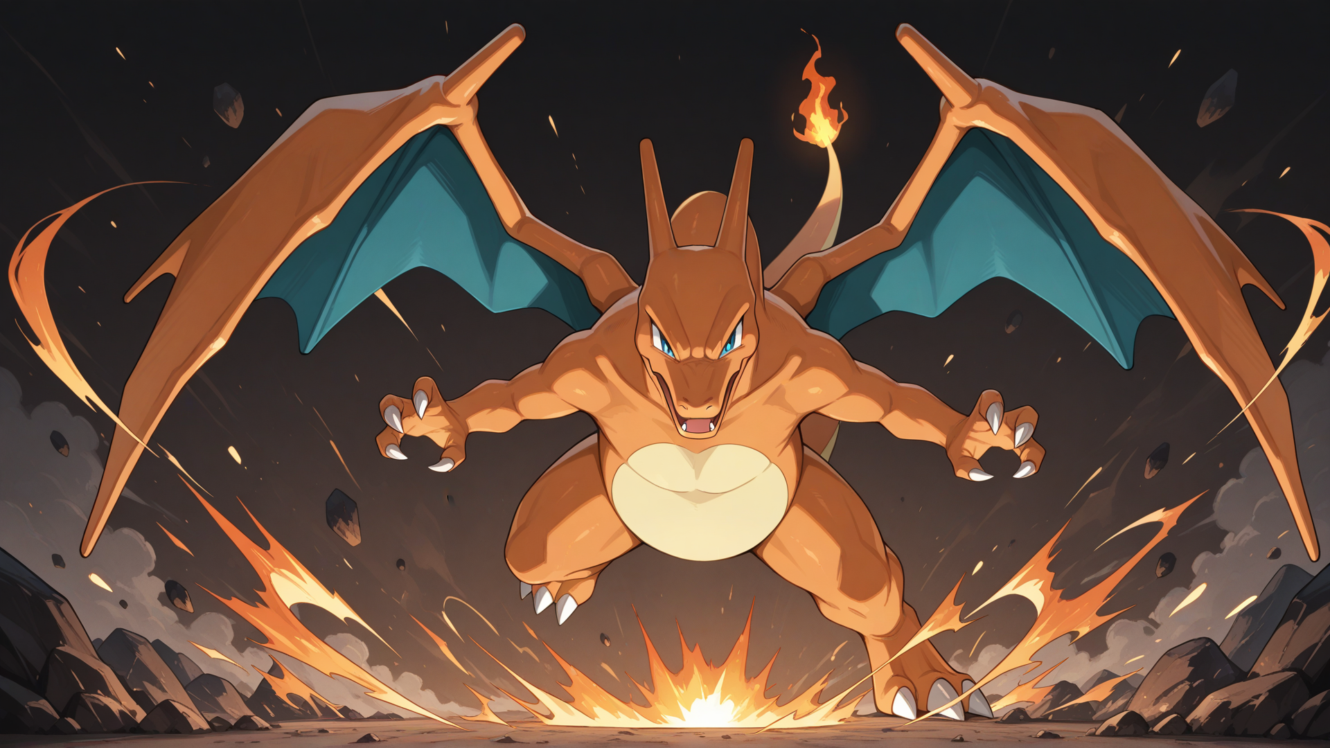 @Charizard, looking at viewer, medium long shot, full body