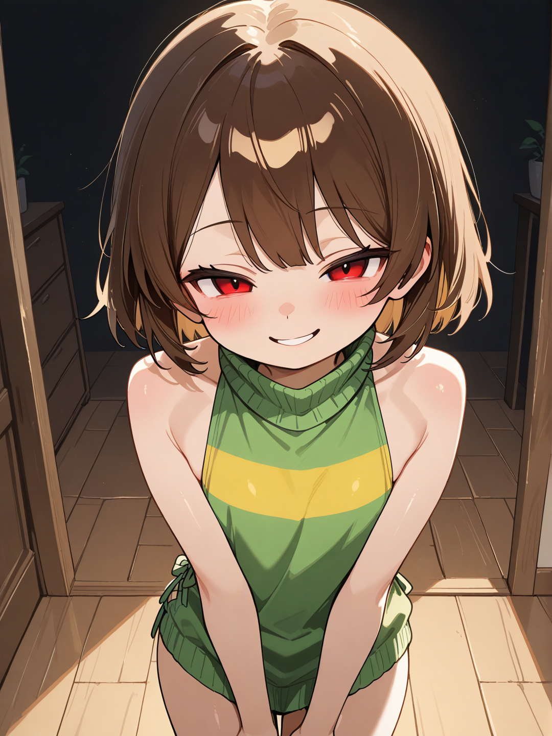 Hentai, chara (undertale) with green and yellow striped shirt with dark brown hair and red eyes, loli, virgin killer sweater, seductive smile