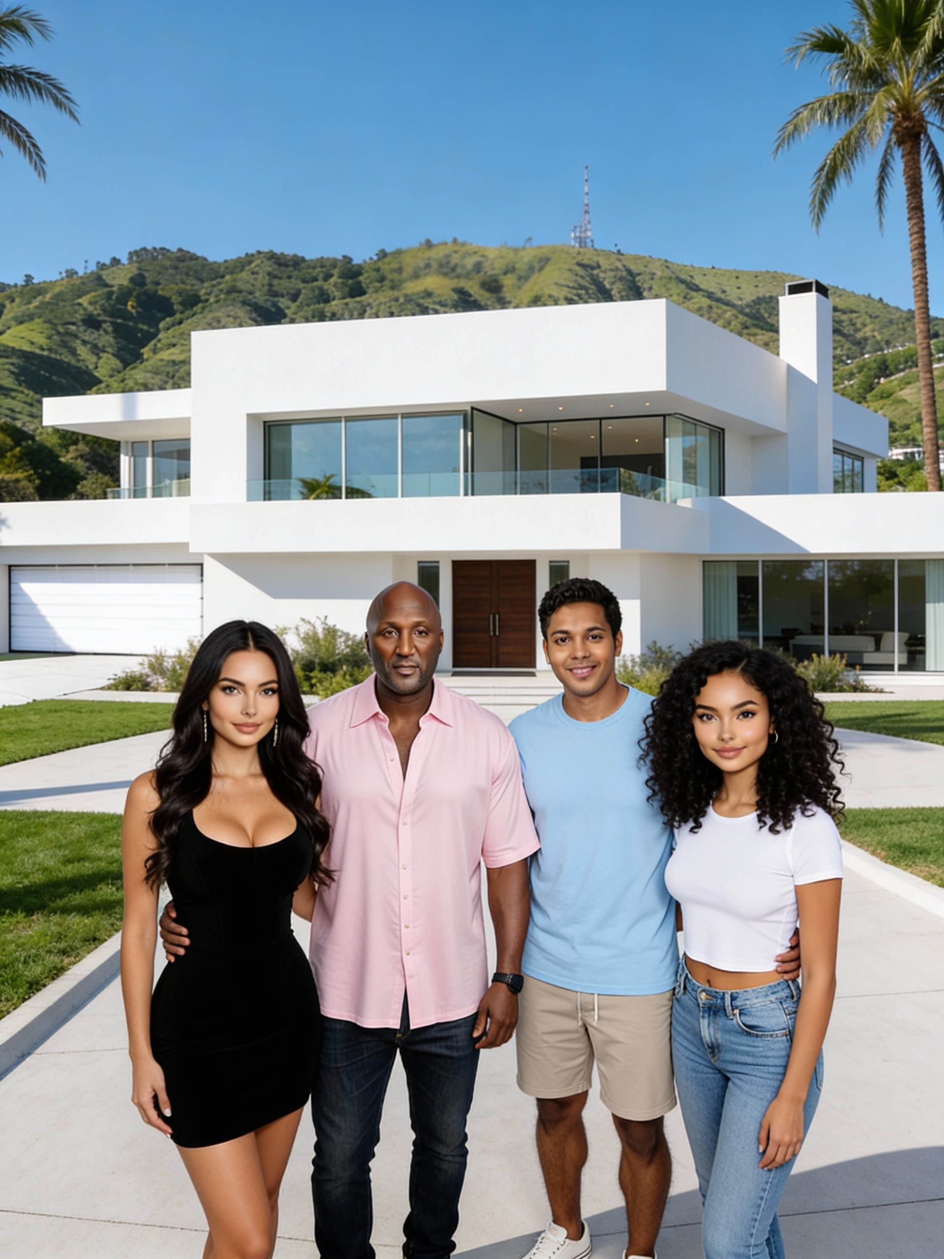 realistic, @olivia-nemeth-johnson-U2UQ 5'11" tall , @lamareon-johnson-zX8p 6'3" tall, @dracos-johnson-18oS 6'00" tall,  5'10" tall posing for an album family, picture in front of the house in the "Reference". Focus on the family shot. Apply their height difference in the shot. Keep the faces accuracy for each character. Crop the house to Adjust the photo to format 3:4