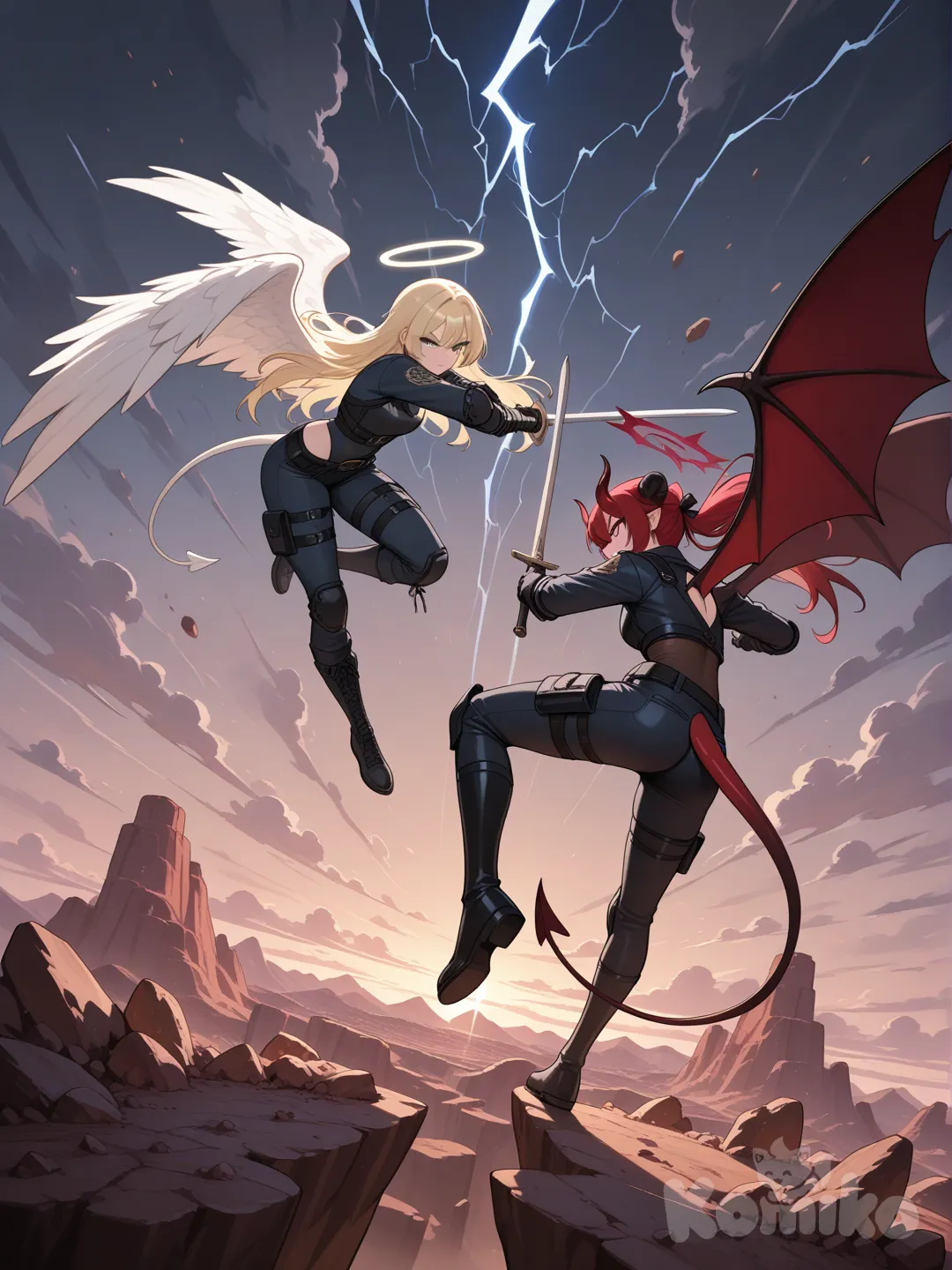 Pelea entre un ángel y un demonio en un barranco