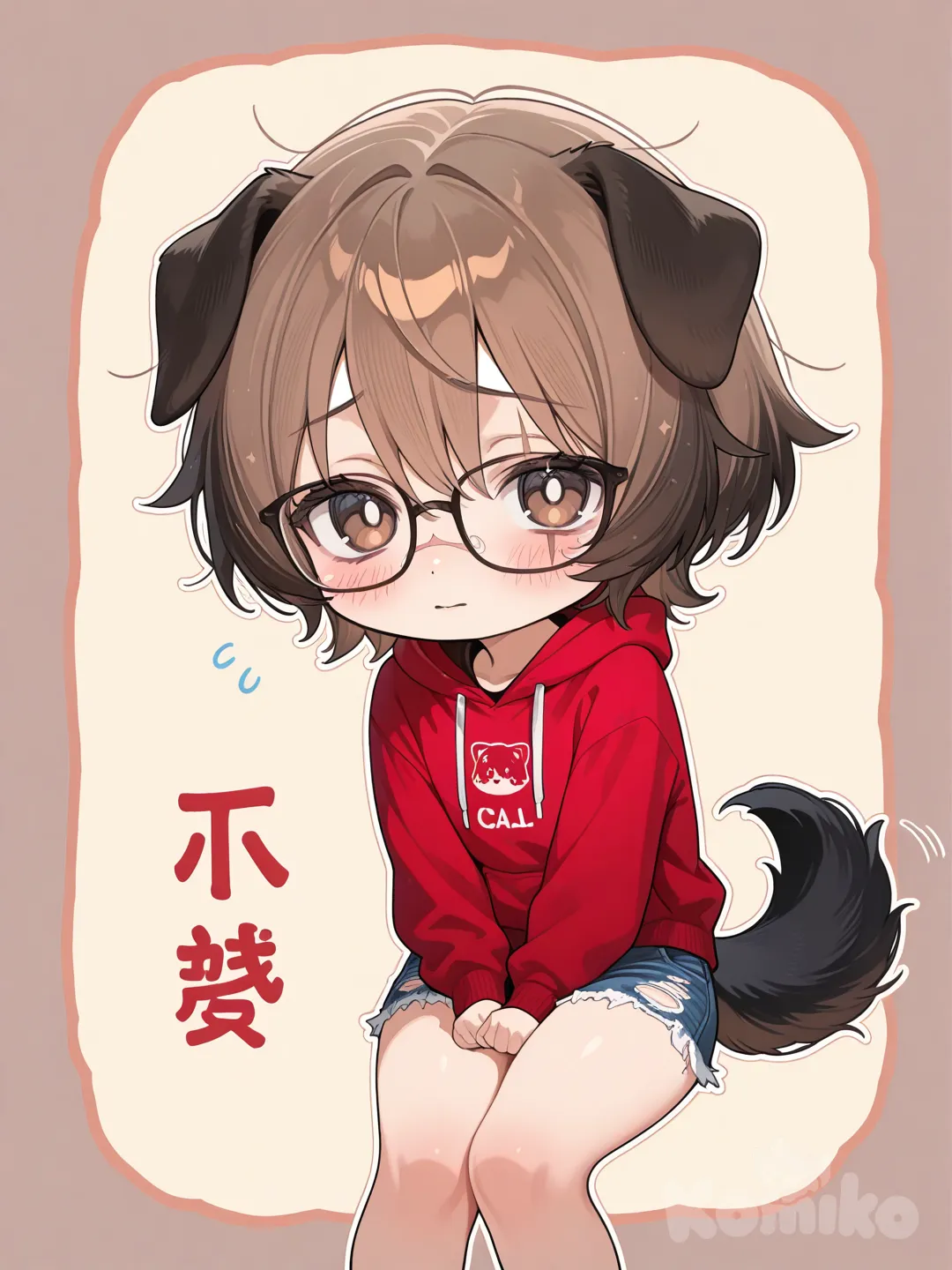 1girl, dog ears, dog tail, chibi, school uniform, brown hair, light red hoodie, black dog ears & tail, glasses, short hair, blue ripped jean shorts, scar across eye, calm, shy.