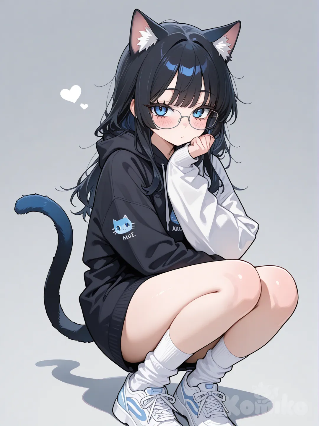 1girl, black hair, blush, eyelashes, blue cat ears, blue cat tail, white and black hoodie, glasses, short, long hair, long white socks, and blue eyes.