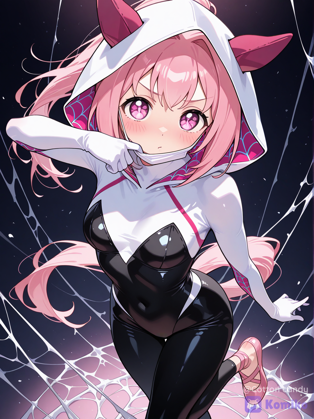@Haru_Urara_(Umamusume) Haru wearing Marvel's Spider Gwen clothes, pink hair, pink eyes.