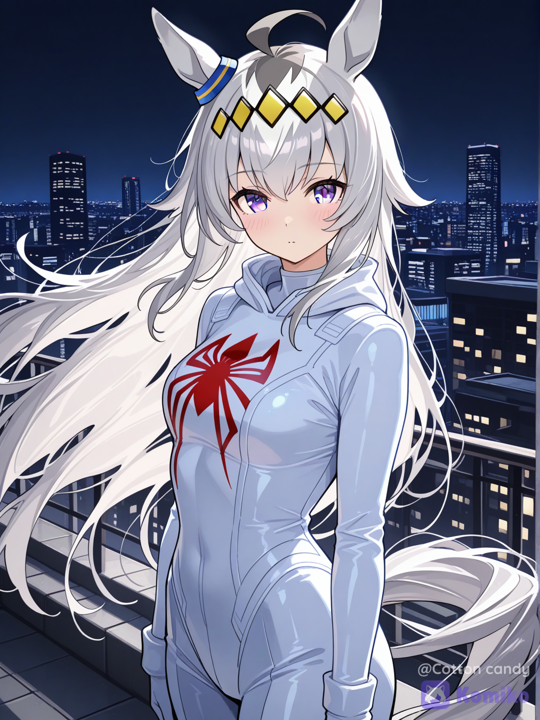 @Oguri_Cap_(Umamusume) Wearing the white Marvel's Spider-Man suit, on top of a skyscraper, no mask, no mask
