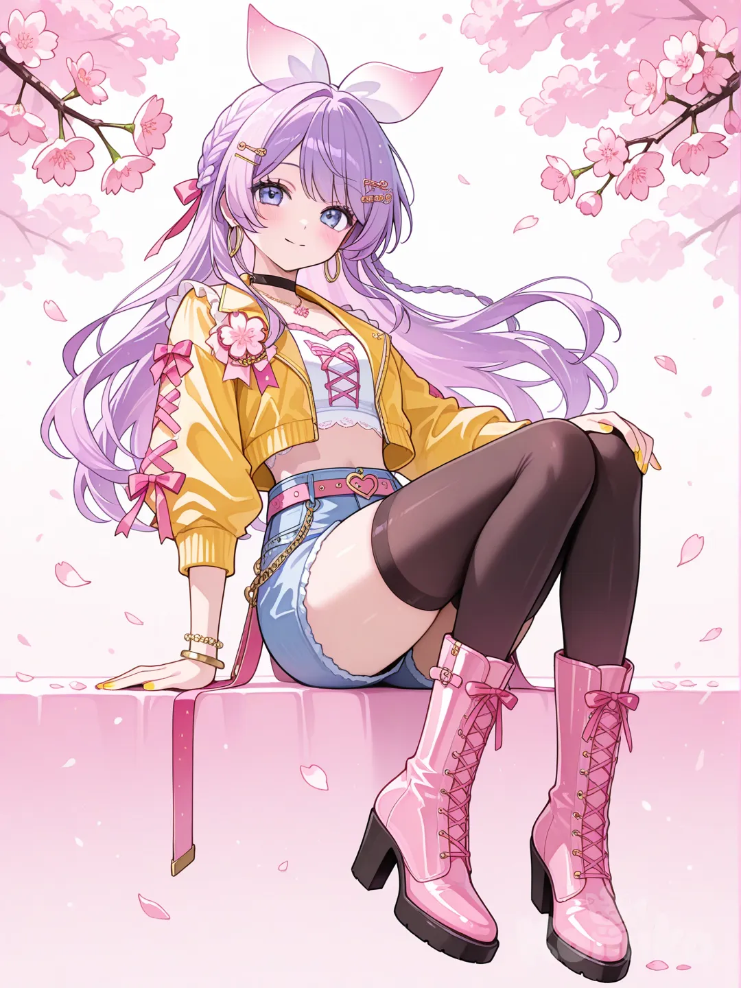 @Kagamine_Len變身成守護櫻花的魔法少女,服裝的顏色是櫻花色,裝飾以櫻花花瓣為主, ruffles, lace, corsage, hair accessory, earrings, necklace, bracelet , @Rumi