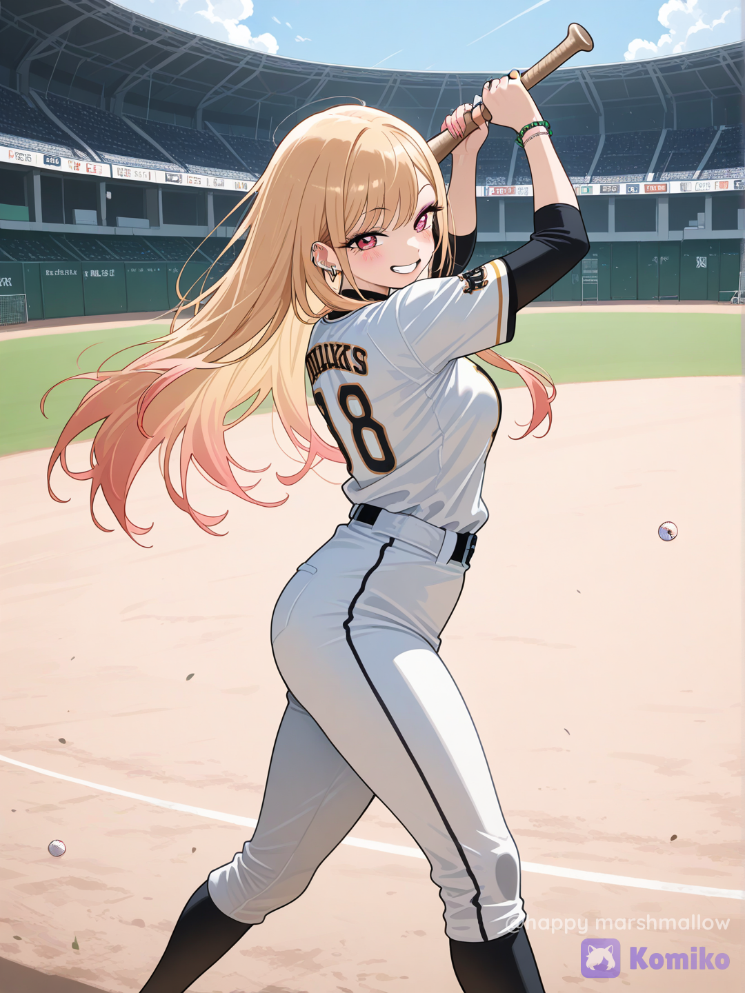 KITAGAWA MARIN, baseball uniform, bat, bat swing, baserball park