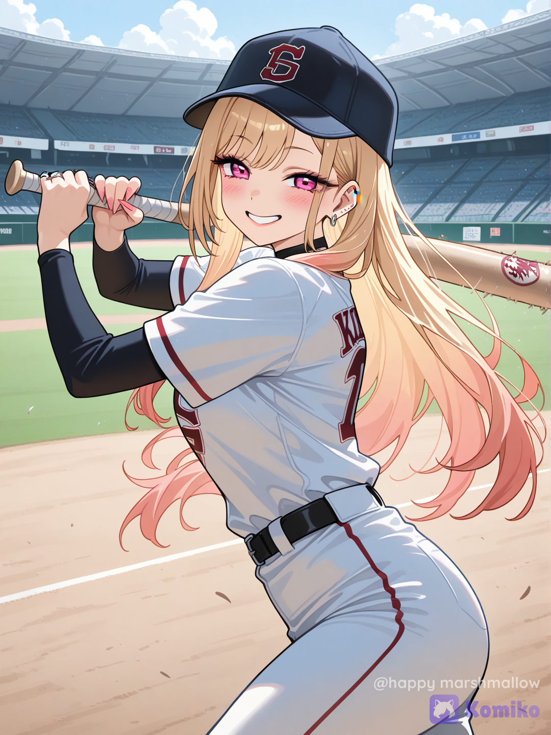 KITAGAWA MARIN, baseball uniform, bat, bat swing, baserball park