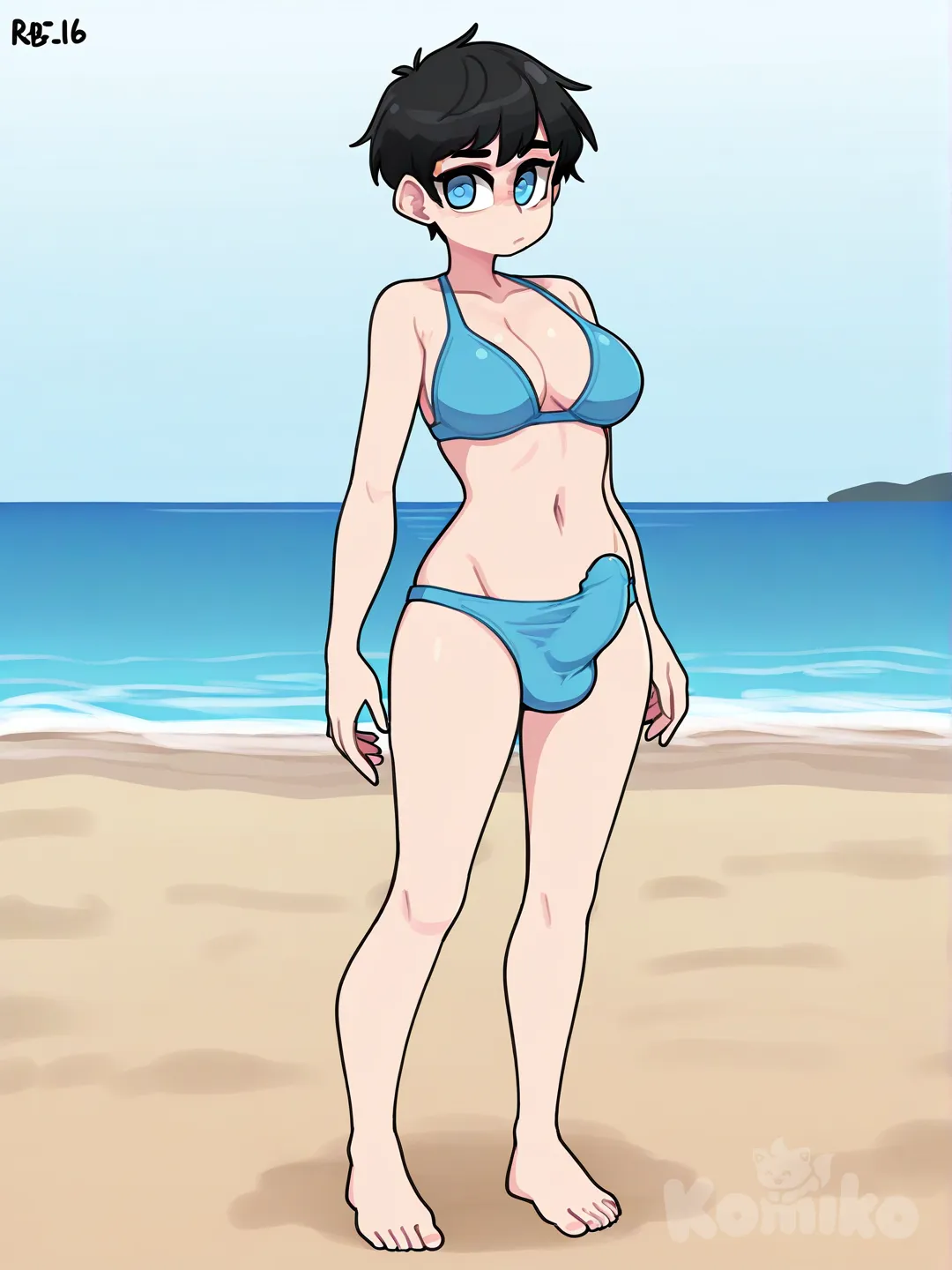  futanari bulge, médium dick, full body, modern pixie cut hair , [clean-lines-style], day, ocean