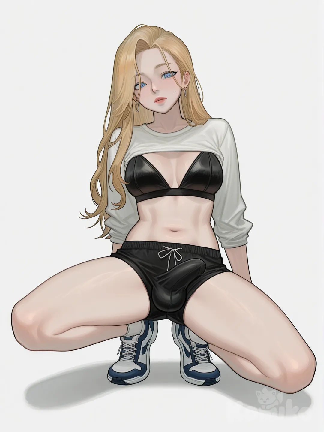 Futanari bulge, médium dick, full body , [digital-painterly-style] , blonde hair, blue eyes