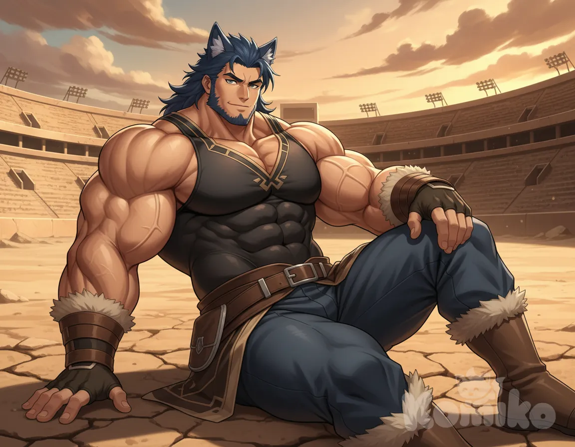 <big-wolf-guy-1-HaUq> Enormous pecs and colossal biceps showcase his muscular bara form, as he sits confidently on the ground with a head tilt, presenting a full body view. His gaze meets the viewers from a low angle, set against a vast desert stadium backdrop.