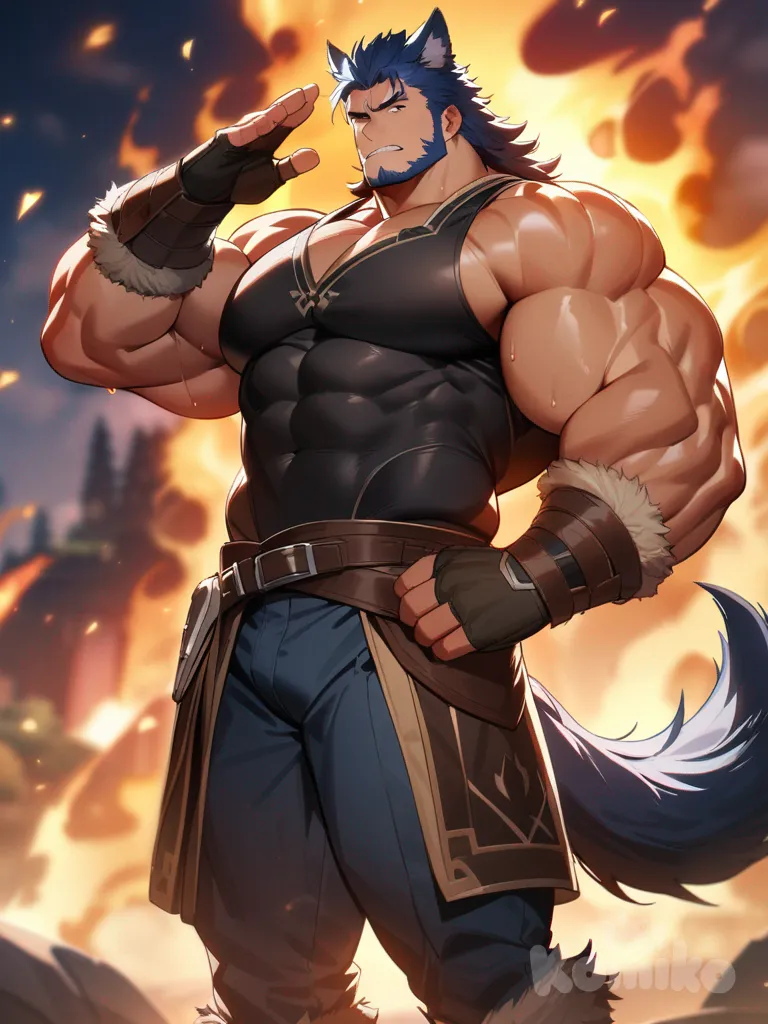 Bara, Male, Huge pecs, very long hair, Wolf Ears, Wolf Tail, Huge biceps, Volug from Fire Emblem Radiant Dawn