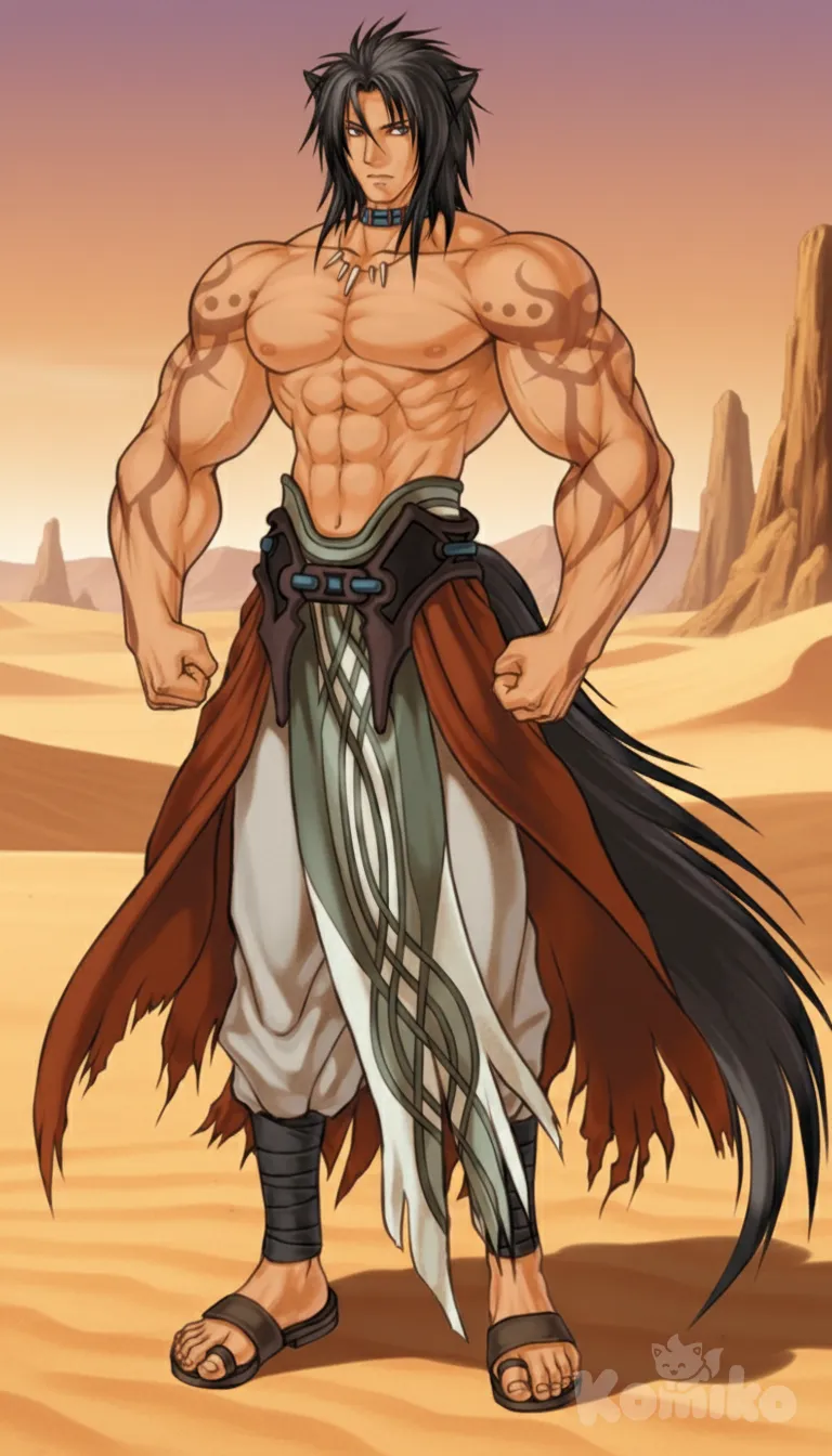 Bara,
Huge pecs,
Huge biceps,
Flexing, smirk, full body, desert