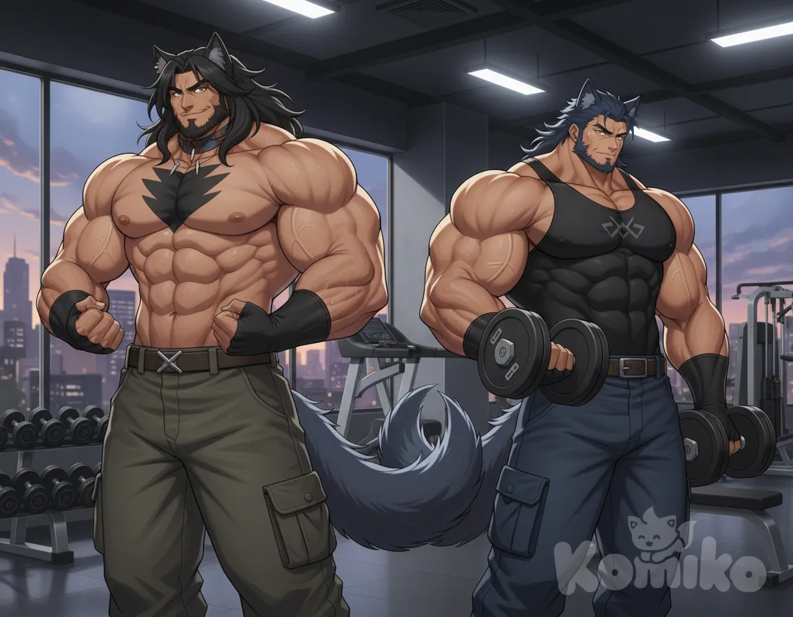 In a dynamic gym setting, a muscular bara character with massive pecs and bulging biceps confidently flexes, their flowing long hair accentuating their impressive physique. Adorned with wolf ears and a swishing wolf tail, they showcase their full body in stylish wide-leg pants, working out with <big-wolf-guy-1-HaUq>.