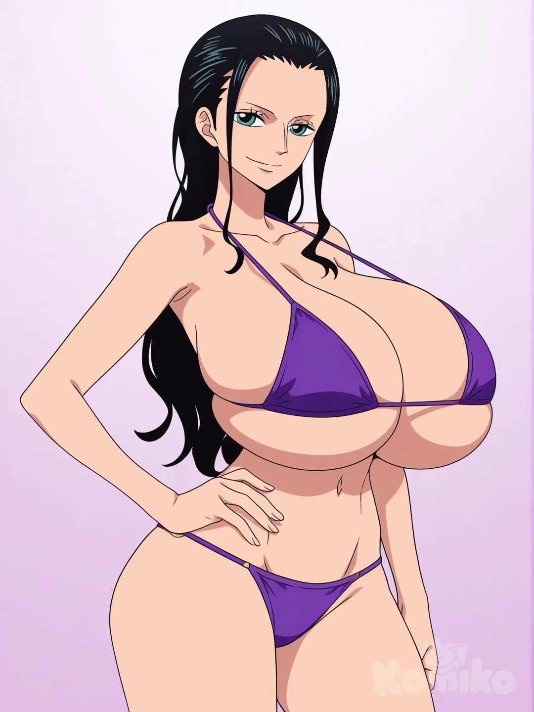 [pop-anime-style], anime screenshot, anime screencap, insane quality, Nico Robin, black Hair, slicked hair, long hair, forehead visible, purple micro bikini, string bikini, slender body, skinny girl, gigantic breasts, gigantic ass, hand on hip, seductive smile