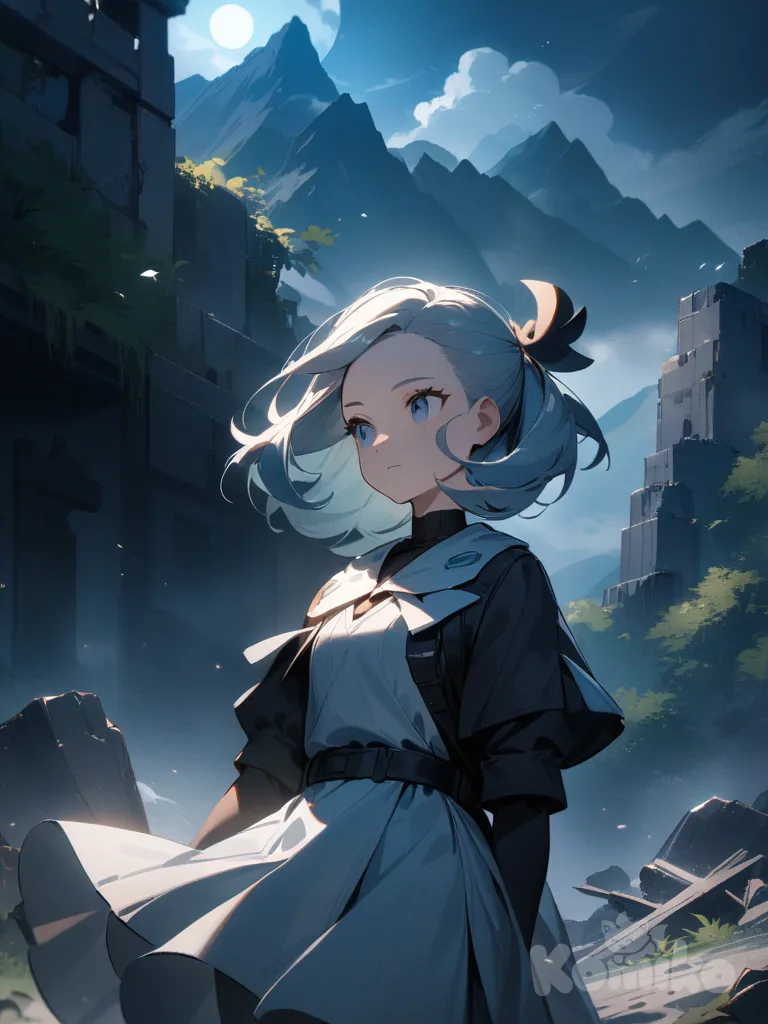 ruins, looking ahead, wind, mountain, moonlight, expressionless