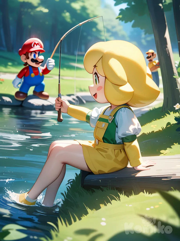 isabelle (animal crossing), fishing, 1boy, 1girl, 2people, mario (series), fishing, sitting by lake, day, forest, river, green grass, sunlight