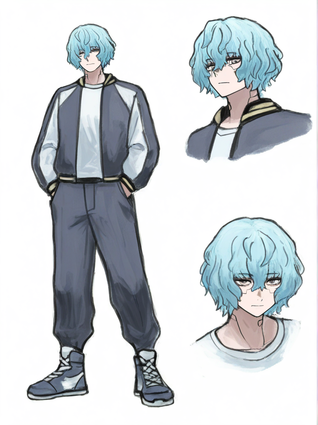 [sketchy-painterly-style] 1boy, teenager, athletic, fair skin, short hair, blue hair, gray eyes, cyberpunk, anime coloring, single character, full body, looking at viewer, anime style, simple background, white background