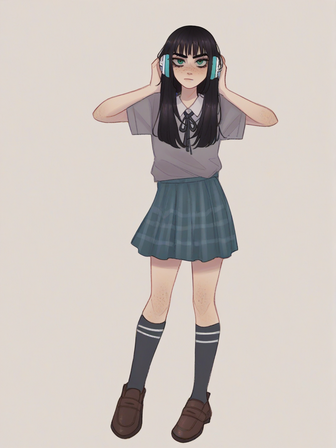[soft-shaded-moe-style] 1girl, vampire, teenager, tall, slim, black_hair, straight_hair, short_hair, blue_eyes, green_eyes, freckles, fair_skin, school_uniform, headphones, single character, full body, looking at viewer, anime style, simple background, white background