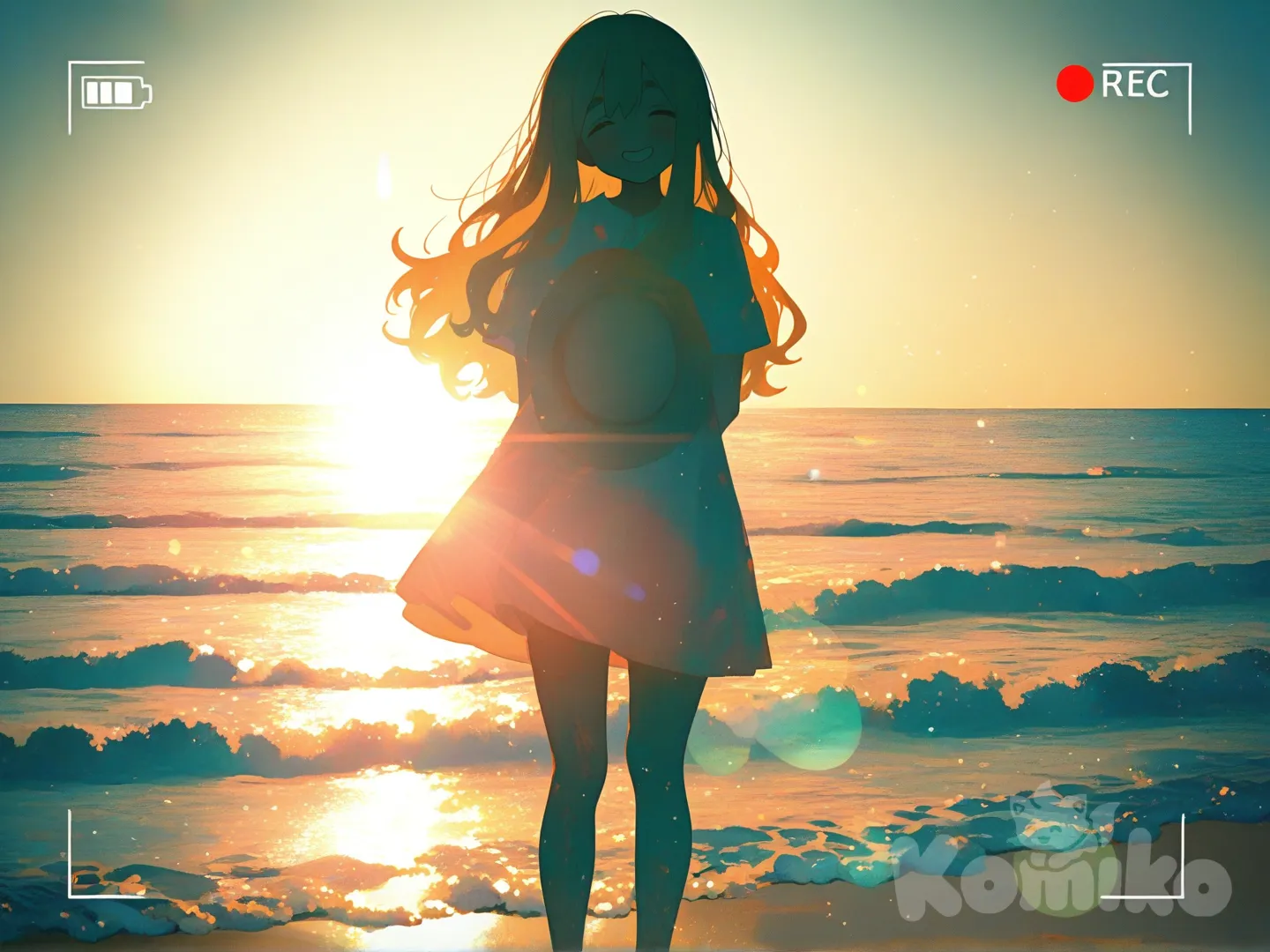Kotobuki Tsumugi She's standing on the seashore in a dress, holding a hat behind her back, the sun is shining very brightly, which makes her darker than the background, the waves are hitting her legs and she's smiling a little silly and sweetly, camera filter., [sweet-painting-style]