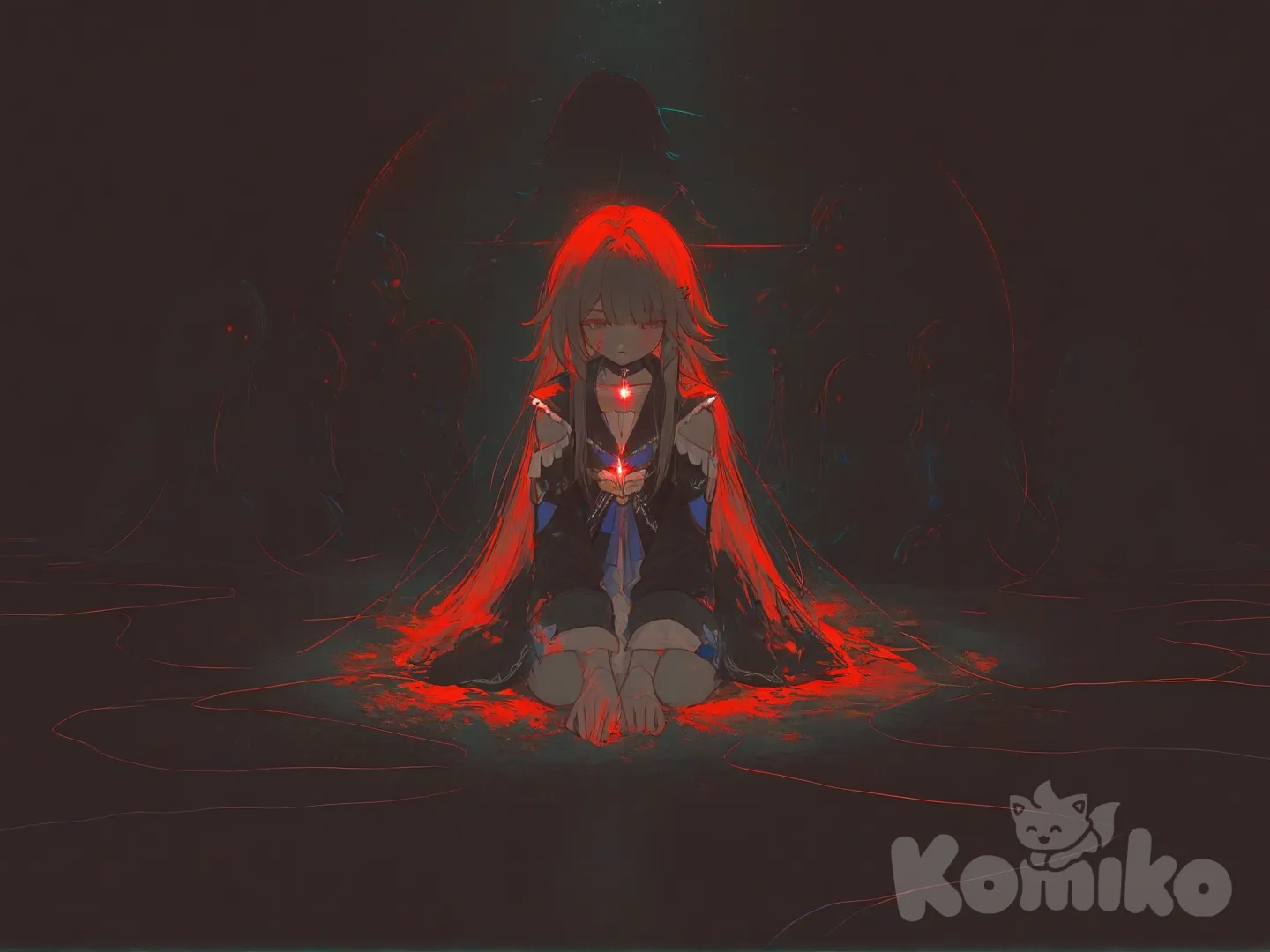 @Herta_(Honkai:Star_Rail) sitting on the floor, stage lights, in a circle of dolls with weighty threads on Herta hands. The atmosphere is dark, the thread is illuminated and illuminates Herta's eyes and a small circle around her. She sits like a doll, thoughtful and gloomy., [sweet-painting-style]