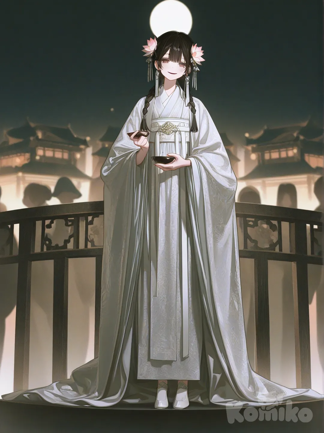 @lian-mei-1J34 stands on a large balcony of a palace surrounded by rich, luxurious people of the Middle Ages IN JAPAN with a bottle similar to a Japanese bowl in his hands, eyes slightly open, looking with an empty, condemning gaze at the camera from below. the smile is forced, the moon is visible above the palace. All other people are busy with their own affairs and don't pay attention to the character. , [high-contrast-glossy-style]