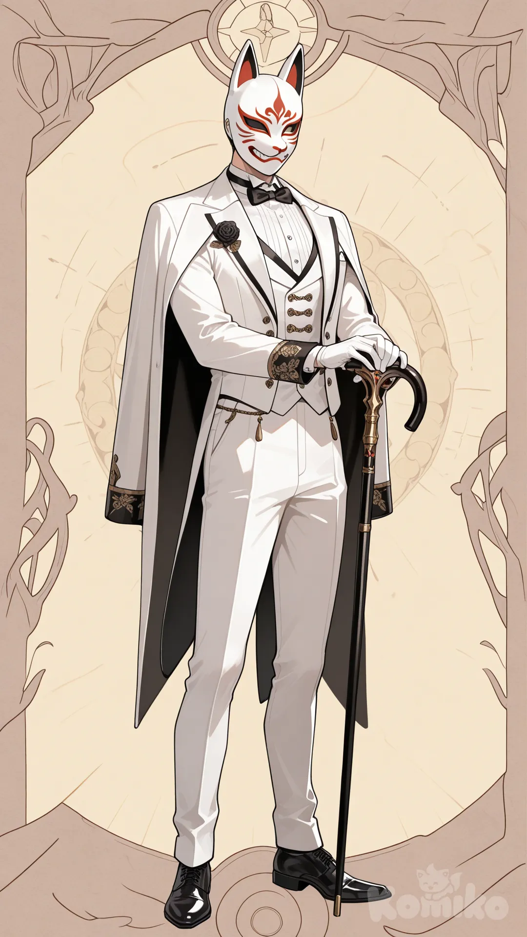 Seorang pria memakai topeng misterius dengan baju tuksedo putih kedua tangan memegang satu tongkat hitam panjang