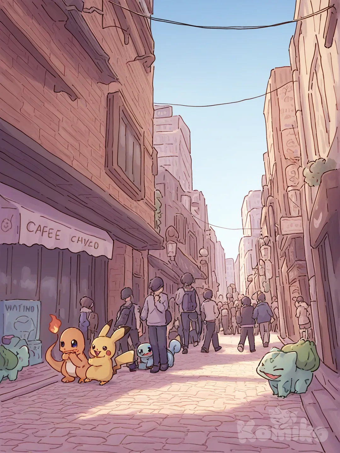 [pokemon-style] genera una ciudad cualquiera conviviendo con pokemones