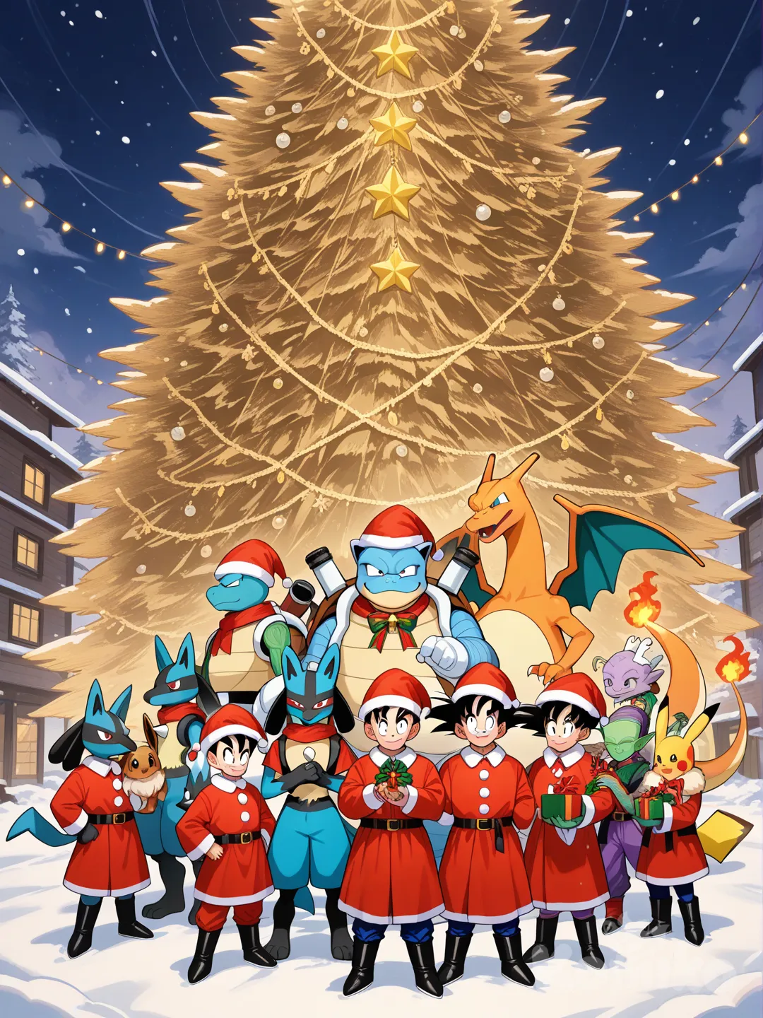 genera alos personajes de tragon ball y que cada uno tenga un pokemon con gorras de navidad