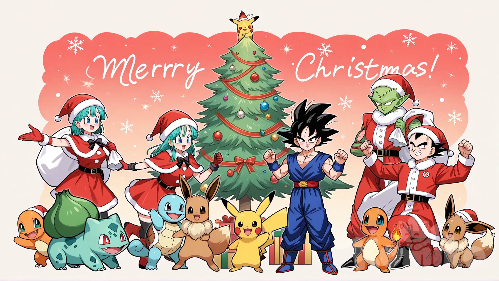 genera alos personajes de tragon ball y que cada uno tenga un pokemon con gorras de navidad